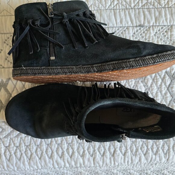 UGG Black (real) Suede Fringed Short Ankle Boots Size 11 (42) EUC - Picture 4 of 8